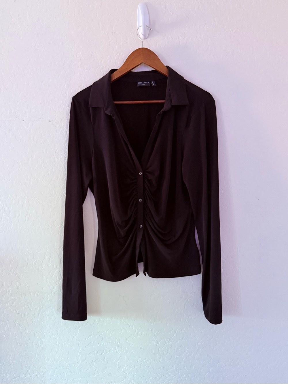 ASOS DESIGN Black Ruched Button Front Collared Top Size US 16